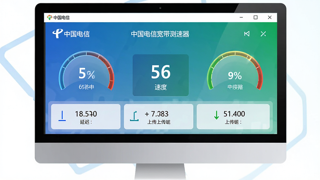 一张展示中国电信宽带测速器软件界面的图片,主体为电脑屏幕上的测速仪表盘,布局居中,排版清晰,风格为科技简约风,细节包括速度数值、延迟数据、上传下载指标,画质高清,干净,无多余元素