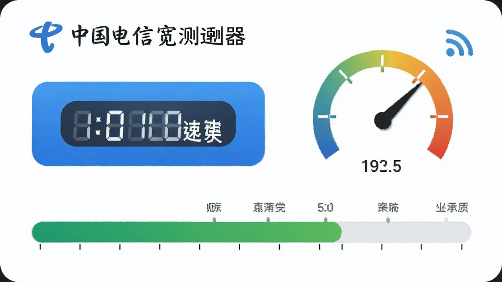 一张中国电信宽带测速器一键测速功能的AI生图,主体为软件测速按钮和进度条,布局为横向排列,排版简洁,风格为扁平化科技风,细节包括速度数字跳动、仪表盘指针、网络信号图标,画质高清,干净,无多余元素