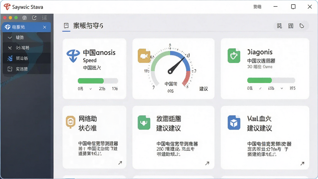 一张中国电信宽带测速器网络诊断辅助功能的AI生图,主体为软件诊断结果面板,布局为卡片式排列,排版清晰,风格为清爽工具风,细节包括诊断项图标、状态标识、建议文字,画质高清,干净,无多余元素