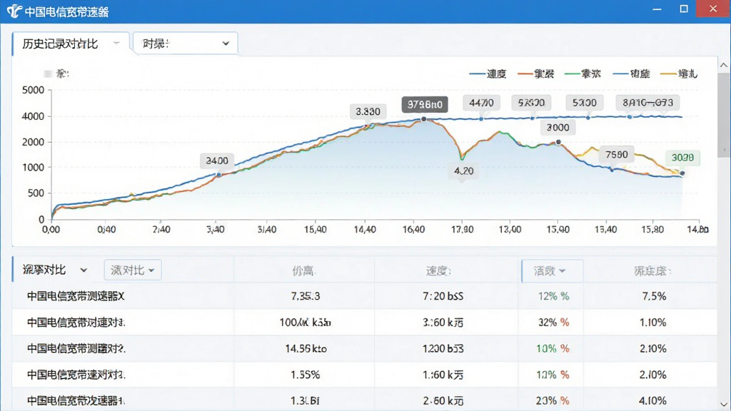 一张中国电信宽带测速器历史记录对比功能的AI生图,主体为软件界面中的折线图和记录列表,布局为上下结构,排版规整,风格为数据可视化风格,细节包括时间轴、速度曲线、对比数据标签,画质高清,干净,无多余元素