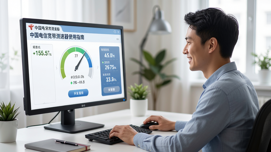 一张中国电信宽带测速器使用指南场景图,主体为用户坐在电脑前查看测速结果,布局为人物与屏幕互动,排版自然,风格为生活化科技风,细节包括屏幕上的测速数据、用户表情、桌面环境,画质高清,干净,无多余元素