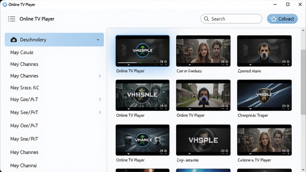 一张展示 Online TV Player 简洁界面的图片,画面中软件窗口左侧为频道分类列表,右侧为频道缩略图展示区,顶部有搜索框和收藏按钮,界面配色柔和,以白色和浅蓝色为主,布局整齐,风格清爽,画质高清,干净无多余元素