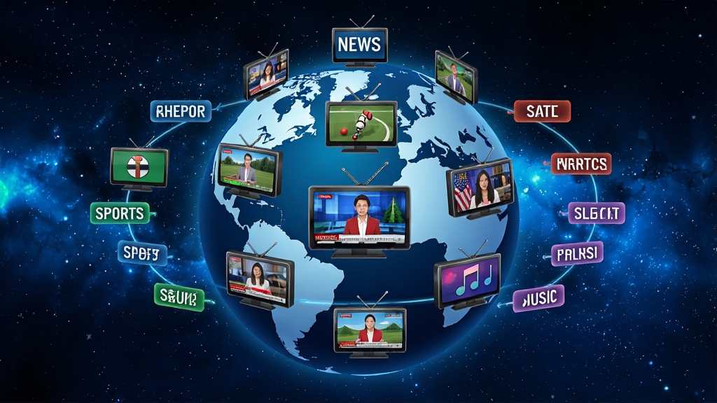 一幅展示 Online TV Player 全球频道覆盖概念的图片,画面主体是一个地球仪造型,地球表面分布着多个电视屏幕图标,每个屏幕播放着不同国家的电视节目画面,地球周围环绕着频道分类标签,如新闻、体育、影视、音乐等,背景为深蓝色星空,风格科技感十足,细节清晰,画质高清,干净无多余元素