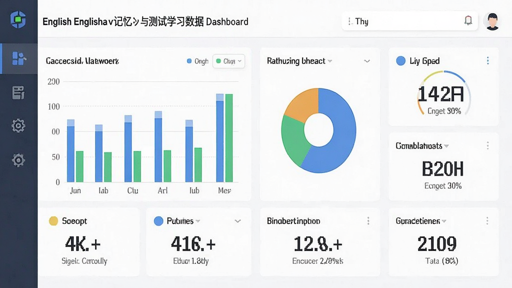 一张展示英语词汇记忆与测试软件学习数据仪表盘,主体为数据图表和进度环,布局为左右分栏,排版清晰,风格为清爽商务风,细节包含柱状图、饼图和数字统计,画质高清,干净,无多余元素