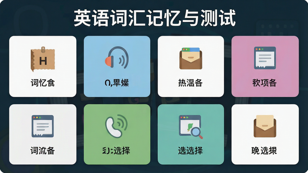 一张展示英语词汇记忆与测试软件测试模式选择界面,主体为多个测试题型卡片排列,布局为网格状,排版整齐,风格为扁平化设计,细节包含拼写、听力、选择图标,画质高清,干净,无多余元素,图片中文字为“英语词汇记忆与测试”