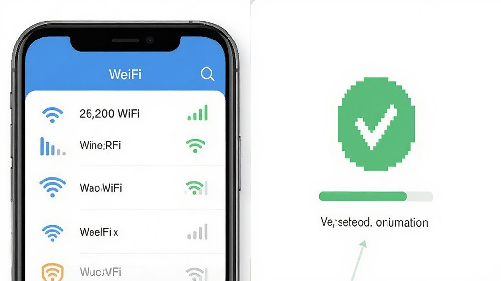 WeFi一键连接功能演示图,主体为手机界面,布局左侧显示WiFi列表右侧显示连接成功动画,排版为左右分栏,风格为扁平化设计,细节包含绿色连接成功对勾、信号强度条、网络名称,画质清晰,干净,无多余元素