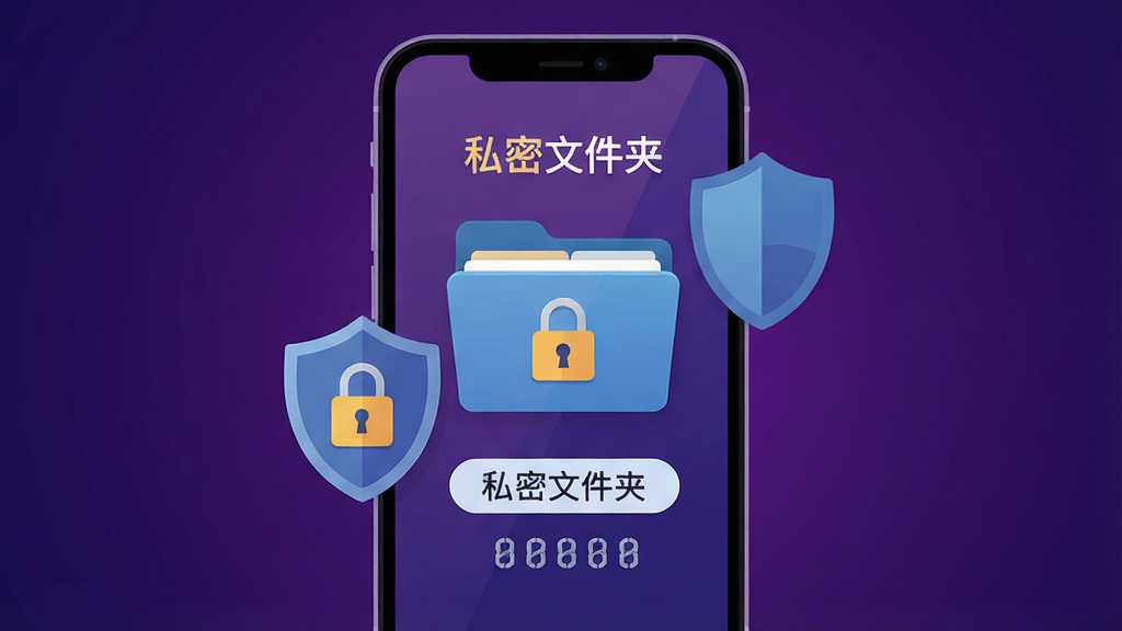 夜密高清播放器私密文件夹功能展示,画面中央是一部手机,屏幕上显示一个带锁的文件夹图标,文件夹周围有盾牌与密码输入框元素,背景为深紫色渐变,风格为安全主题扁平插画,细节包含