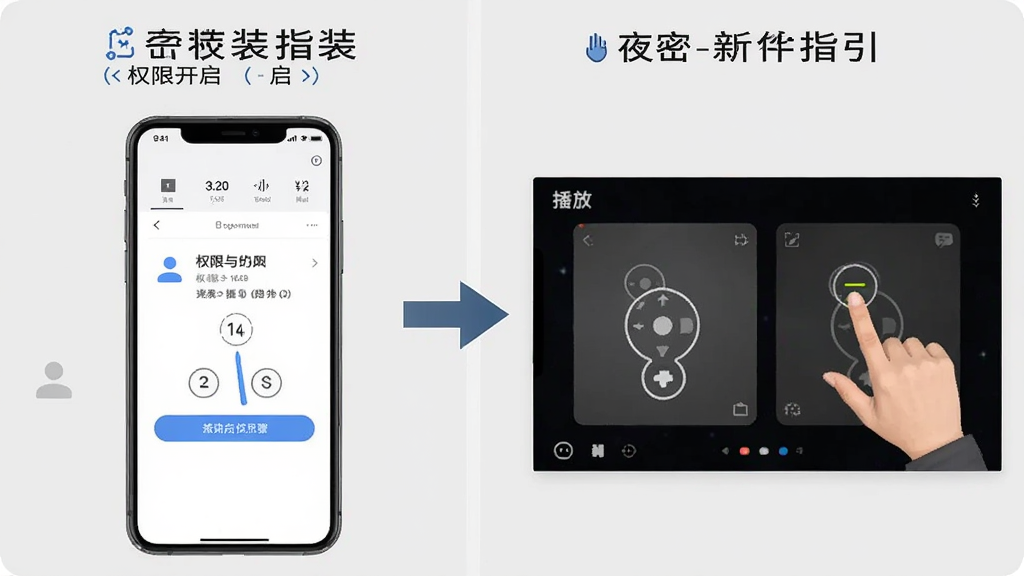 夜密高清播放器新手操作指引示意图,画面分为左右两部分,左侧为手机安装界面展示权限开启步骤,右侧为播放界面展示手势操作区域,中间用箭头连接,背景为浅灰色,风格为教程信息图,细节包含文字标注与图标说明,画质清晰,干净,无多余元素