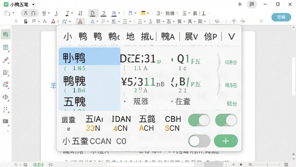 一张展示小鸭五笔拼音反查功能的示意图,画面中央是输入法候选框,上方显示拼音输入内容,下方显示对应的五笔编码提示,背景为文档编辑界面,风格为清新浅色风,细节包含候选字列表、编码标注、状态切换按钮,画质清晰干净无多余元素