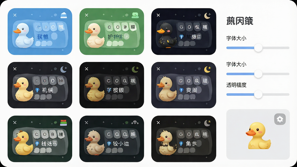 一张展示小鸭五笔皮肤设置界面的图片,画面中排列着多款不同风格的输入法皮肤预览缩略图,包含蓝色简约、绿色护眼、暗色夜间等主题,右侧是字体大小与透明度调节滑块,风格为柔和圆角风,细节包含皮肤缩略图、滑块控件、预览窗口,画质清晰干净无多余元素