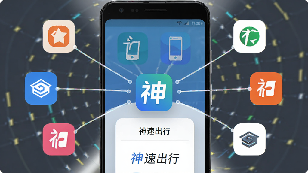 画面主体为一部安卓手机,屏幕内展示多个订单来源图标汇聚到一个中心应用界面,布局为放射状聚合结构,排版对称,风格为现代商务风,细节包括不同颜色的平台标识、连接线条、