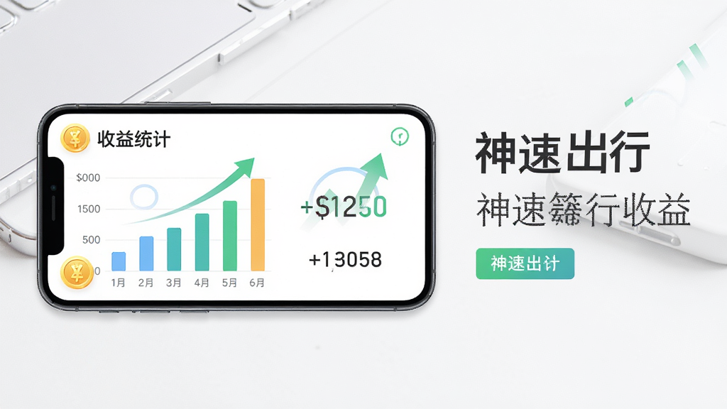 手机屏幕展示收益统计图表,包含柱状图与数字金额,主体为一部横屏手机,布局为左图右文,排版整洁,风格为简约金融风,细节包括金币图标、上升箭头、