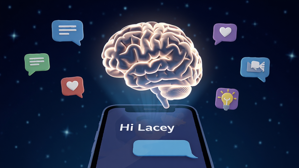 一个发光的AI大脑悬浮在手机上方,手机屏幕显示“Hi Lacey”字样和对话气泡,周围环绕着对话、心形、灯泡等小图标,背景为深蓝色星空,风格科技梦幻,主体突出,排版居中,画质高清,干净,无多余元素