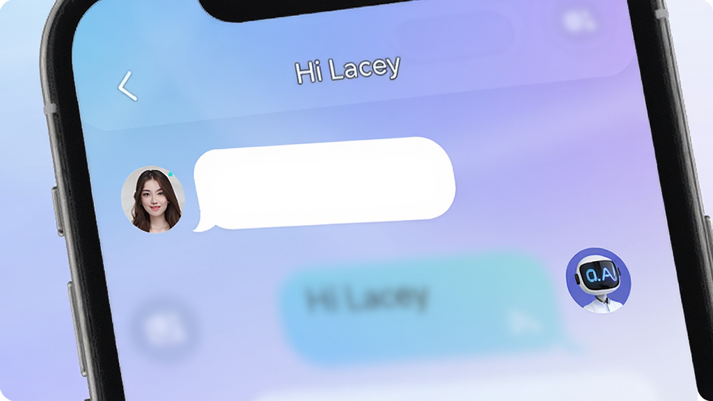 手机屏幕中央展示Hi Lacey聊天界面,顶部显示软件名称“Hi Lacey”,下方为对话气泡,左侧是用户头像右侧是AI头像,背景为柔和的蓝紫渐变,界面元素简洁现代,白色圆角卡片排版,整体风格清新科技感,画质清晰,干净,无多余元素