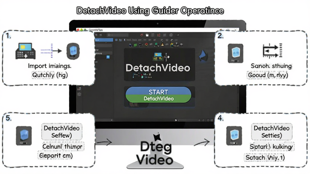 一张展示 DetachVideo 使用指南的图片,主体为电脑屏幕上的软件操作界面与步骤提示框,布局为分步图示排版,风格为教程说明风格,细节包括导入、设置、开始按钮和DetachVideo字样,画质高清,干净,无多余元素