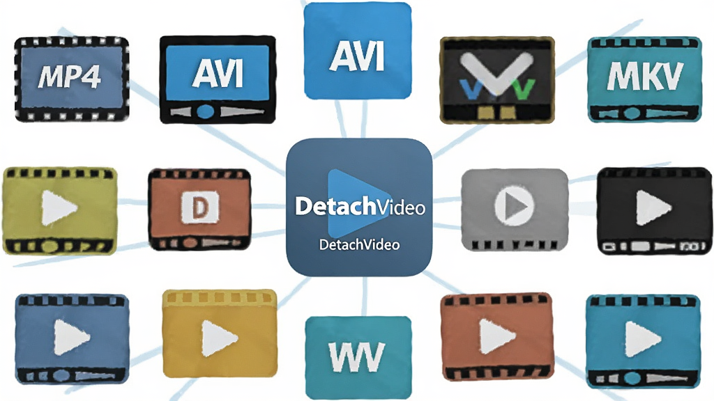 一张展示 DetachVideo 多格式兼容特性的图片,主体为多个视频格式图标围绕软件Logo排列,布局为中心辐射状,排版整齐有序,风格为扁平化设计,细节包括MP4、AVI、MKV等格式标识和DetachVideo字样,画质高清,干净,无多余元素