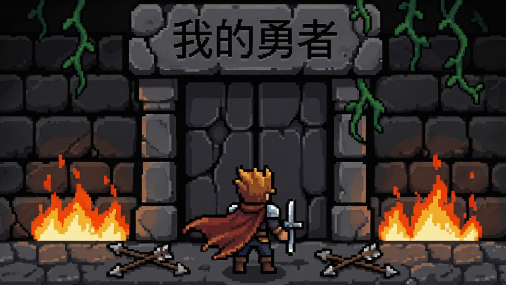像素风地牢入口,石门上方刻有“我的勇者”字样,门前站着一位勇者背影,周围有火焰和藤蔓,布局为竖版构图,主体石门居中,风格为暗黑像素,细节包括石砖裂缝、飘动的披风、地面散落的箭矢,画质干净清晰,无多余元素