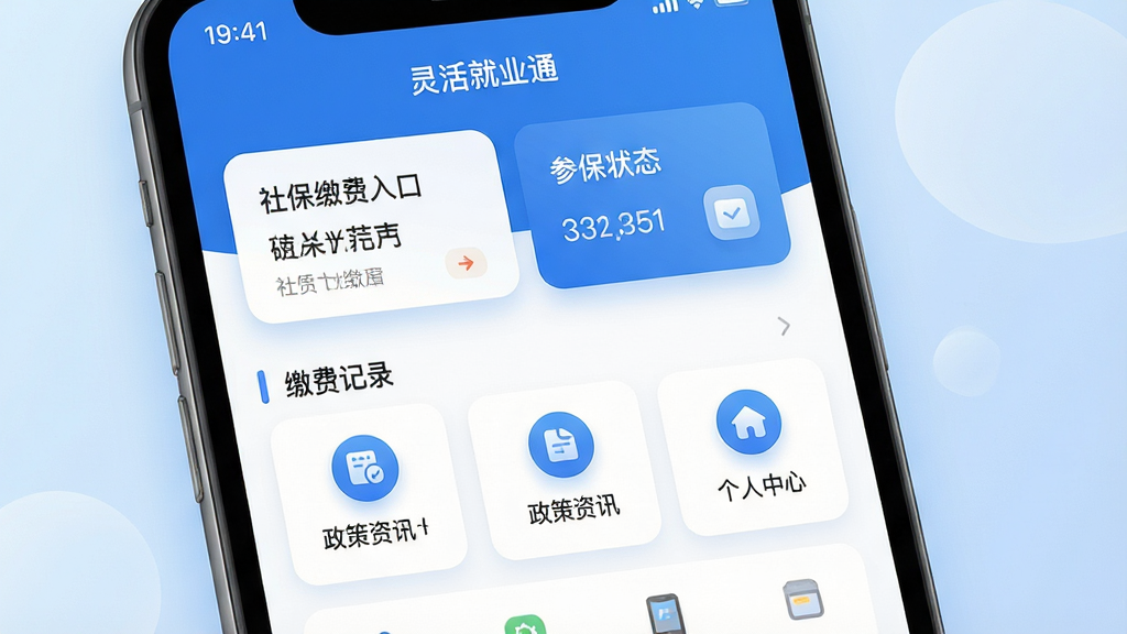 画面中央是一部智能手机,屏幕显示“灵活就业通”应用主界面,界面以蓝白配色为主,顶部展示社保缴费入口和参保状态卡片,中部排列缴费记录、政策资讯、个人中心等图标,整体布局简洁清晰,背景为浅蓝色渐变,风格现代简约,细节包括圆角图标、柔和阴影、状态栏时间显示,画质高清,干净,无多余元素
