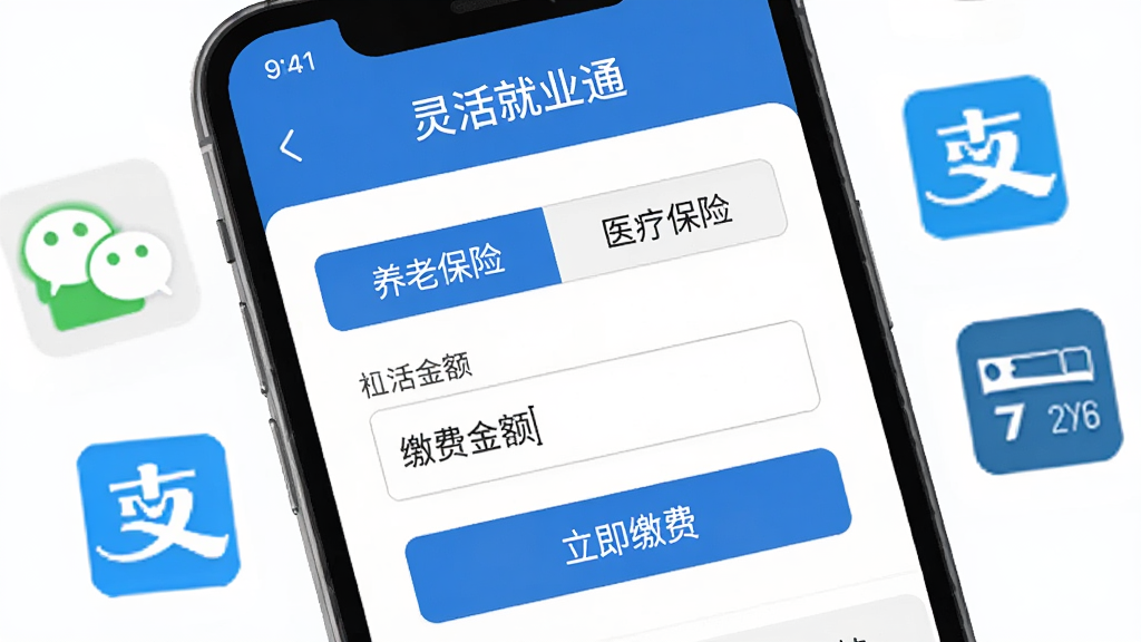 一部手机屏幕特写,显示“灵活就业通”的社保缴费页面,页面中标有“养老保险”“医疗保险”选项卡,下方有缴费金额输入框和“立即缴费”按钮,周围环绕着微信支付、支付宝、银行卡等支付图标,整体以蓝色和白色为主色调,风格扁平化设计,画质高清,干净,无多余元素