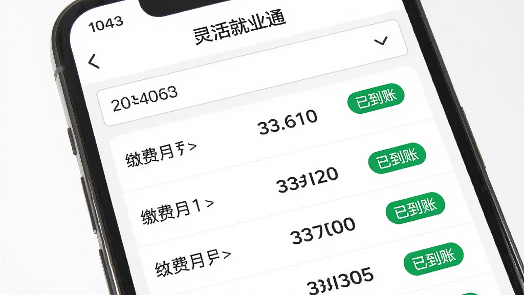 手机屏幕展示“灵活就业通”的缴费记录列表页面,页面顶部有年份筛选下拉框,下方列表逐条显示缴费月份、金额和状态标签,部分记录标有绿色“已到账”标签,整体排版整齐,背景为白色,风格清新简洁,画质高清,干净,无多余元素