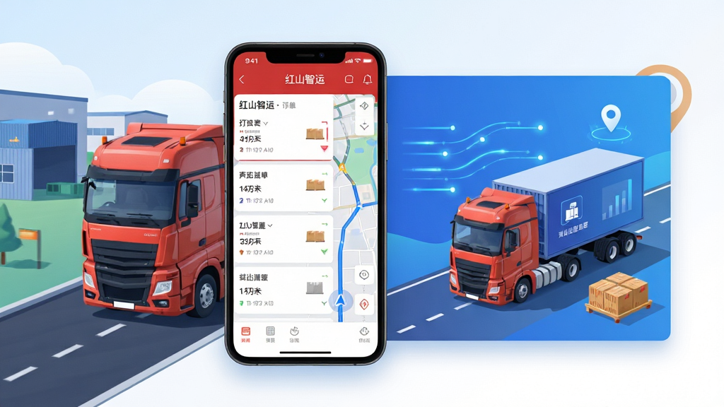 红山智运司机端软件界面全貌展示,主体为一辆现代化重型卡车行驶在智慧物流园区道路上,布局为手机屏幕悬浮在画面中央,屏幕内显示红山智运司机端APP的订单列表与地图导航界面,排版采用左右分栏结构,左侧为手机设备展示,右侧为货运场景插画,风格为扁平化科技商务风,细节包含蓝色渐变背景、数据流光效、货物图标、定位标记,画质高清,干净,无多余元素