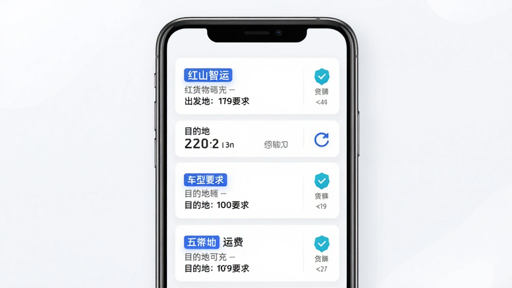 红山智运司机端海量货源功能展示图,主体为手机屏幕中滚动显示多条货源信息卡片,布局为纵向列表排列,排版清晰展示货物类型、出发地、目的地、运费、车型要求等字段,风格为现代简约科技风,细节包含蓝色高亮标签、认证图标、刷新动效,画质高清,干净,无多余元素