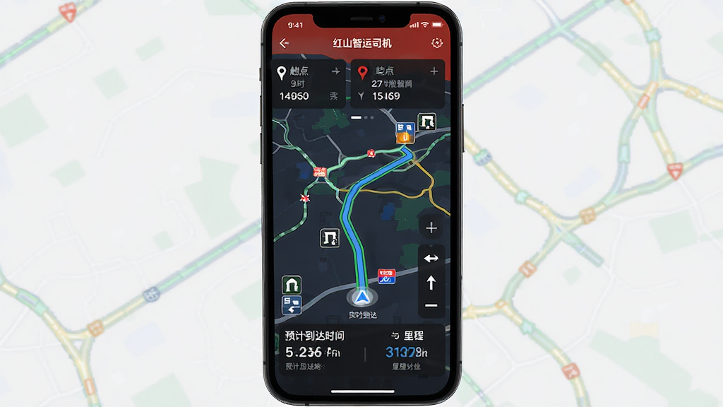红山智运司机端智能路线规划界面,主体为手机屏幕显示地图导航路线,布局为全屏地图叠加路线轨迹,排版上方为起点终点信息卡片,下方为预计到达时间与里程数据,风格为深色模式科技风,细节包含实时路况颜色标注、服务区图标、转向提示,画质高清,干净,无多余元素