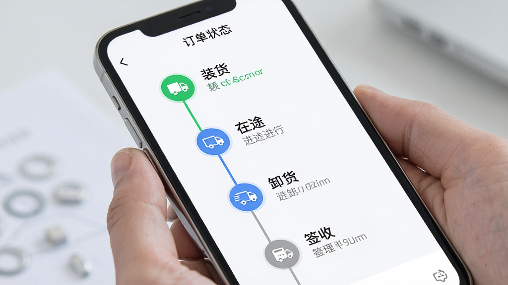 红山智运司机端运输全程管理功能界面,主体为手机屏幕显示订单状态时间轴,布局为纵向时间线排列,排版包含装货、在途、卸货、签收四个节点图标与文字说明,风格为清新浅色商务风,细节包含绿色完成状态、蓝色进行中状态、灰色待处理状态,画质高清,干净,无多余元素