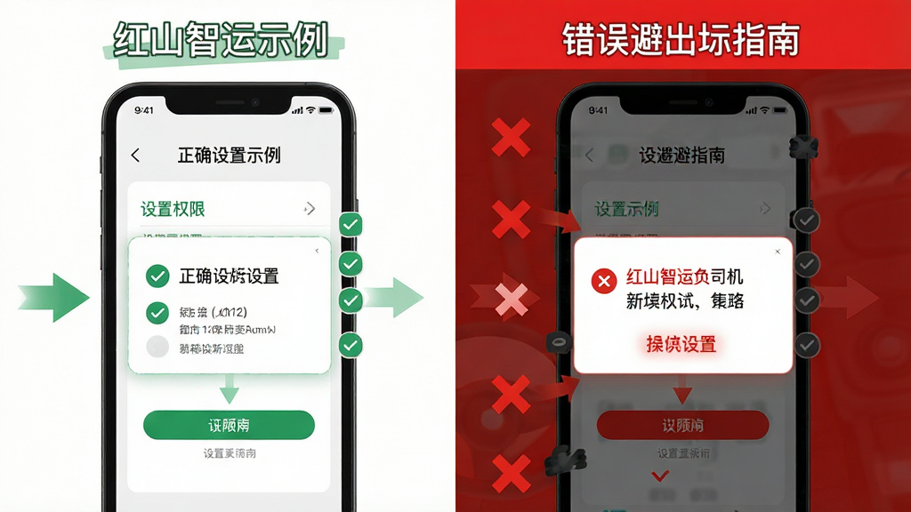 红山智运司机端新手避坑指南示意图,主体为手机屏幕显示设置权限界面与操作提示弹窗,布局为左右对比排列,左侧为正确设置示例,右侧为错误设置警示,排版采用红绿对比色块区分,风格为扁平化教程风,细节包含勾选图标、叉号图标、箭头指引,画质高清,干净,无多余元素