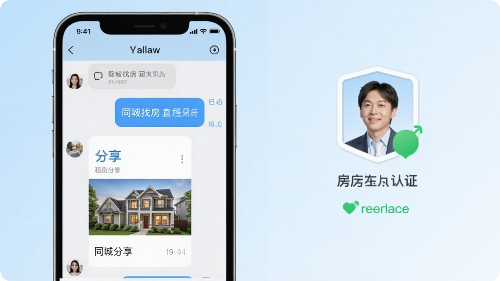 同城找房直租房APP内房东与租客聊天界面展示图,画面左侧为手机聊天窗口,显示对话气泡和房源卡片分享,右侧为房东身份认证标识和在线状态图标,布局采用左右分栏,风格为简洁UI设计展示,细节包括已读标记、时间戳、房源缩略图,画质清晰,干净无多余元素,主色调为浅蓝色和白色