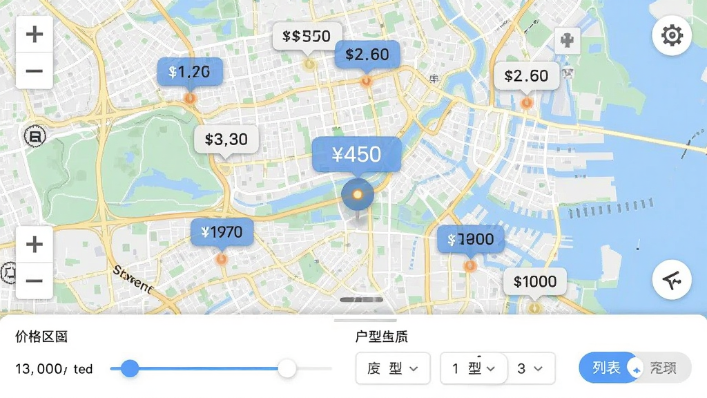 同城找房直租房地图找房功能界面截图,画面展示城市地图上分布着多个房源价格气泡标记,底部有筛选条件栏包含价格区间滑块和户型选择按钮,布局为上下结构,风格为移动端应用界面展示,细节包括地图缩放控件、房源聚合数字、列表切换按钮,画质清晰,干净整洁,无多余元素