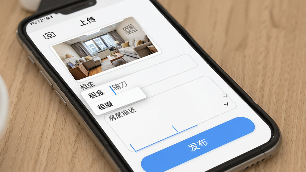 同城找房直租房房东发布房源操作界面展示图,画面显示手机屏幕上正在填写房源信息表单,包含照片上传区域、租金输入框、房屋描述文本框和发布按钮,布局为表单纵向排列,风格为移动端应用界面展示,细节包括相机图标、文字输入光标、下拉选择菜单,画质清晰,干净无多余元素