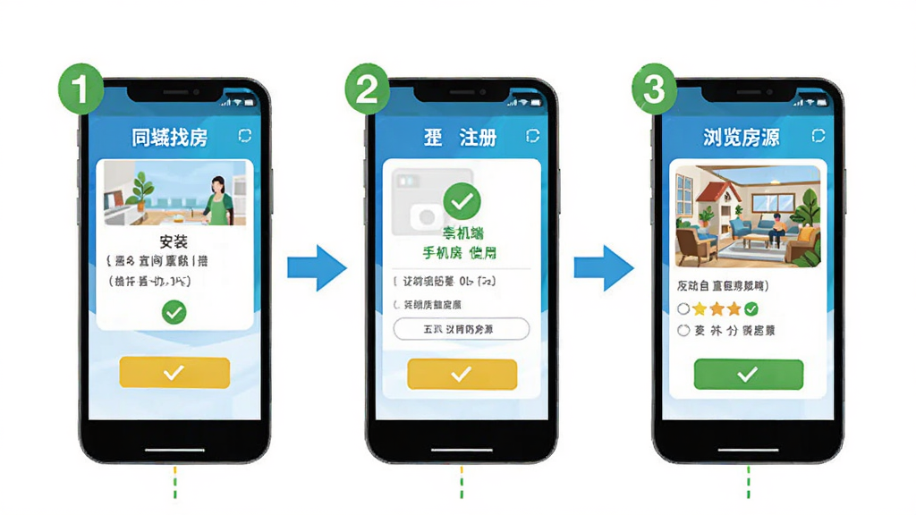 同城找房直租房手机端安装使用步骤示意图,画面展示三部手机并排显示安装、注册、浏览房源三个操作阶段,每部手机屏幕内容不同,布局为横向排列,风格为步骤教程插图,细节包括箭头指示、勾选标记、操作序号,画质清晰,干净无多余元素,配色明快