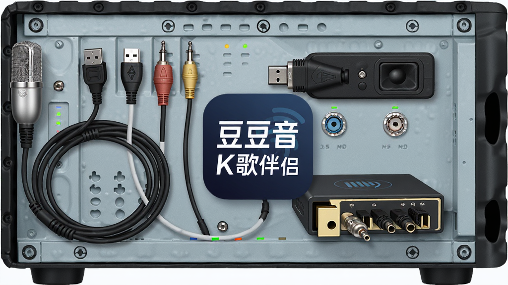 ����չʾһ�����Ի��䱳�������Ŷ�����Ƶ�豸�ĳ���������USB��˷��ߡ�3.5mm��Ƶ�ߡ����������У��������븡�ֳ���������ƵK����¡���ͼ�꣬����Ϊ�豸����ʾ��ͼ��񣬷��Ϊдʵ�Ƽ��廭��ϸ�ڰ������µ��������ӿڵĽ��������豸ָʾ�ƣ����ʸ��壬����ɾ����޶���Ԫ��