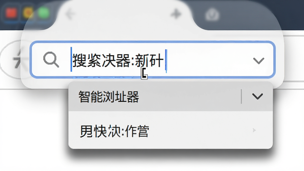 快快浏览器智能地址栏特写,主体为放大的浏览器地址栏输入框,布局为居中特写,排版上输入框内显示搜索关键词和下拉联想列表,风格为写实UI风格,细节包含光标闪烁和下拉菜单投影,画质为高清,干净,无多余元素
