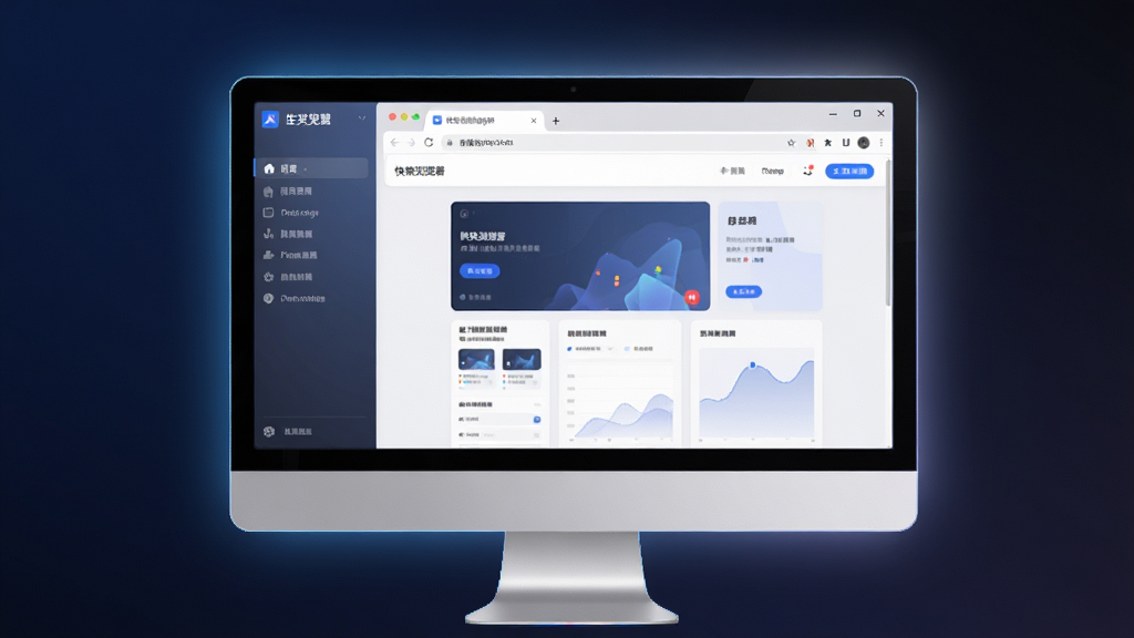 快快浏览器软件界面全貌展示,主体为电脑屏幕居中放置,布局采用左右分栏结构,左侧显示快捷导航栏,右侧展示清爽的网页浏览窗口,排版整齐有序,风格为现代简约科技风,细节上屏幕边缘带有轻微光晕,背景为纯色渐变,画质为高清4K,干净整洁,无多余元素