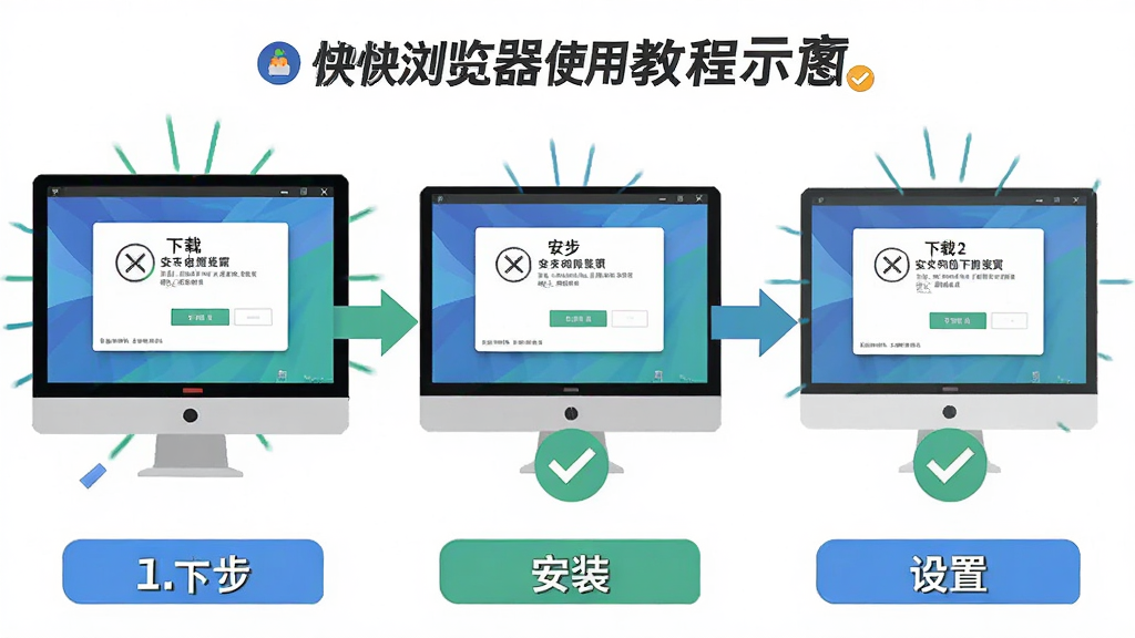 快快浏览器使用教程示意图,主体为电脑屏幕显示安装向导界面,布局为分步截图拼接,排版上从左到右展示下载、安装、设置三个步骤,风格为扁平化信息图,细节包含打勾和箭头引导线,画质为高清,干净,无多余元素
