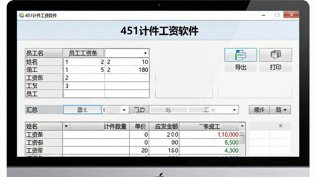 一张展示工资报表生成效果的图片,画面主体是“451计件工资软件”的报表预览界面,屏幕上显示着员工工资条和汇总表格,表格中有姓名、计件数量、单价、应发金额等列,旁边有导出和打印按钮,布局为上下结构,上方是报表标题,下方是数据区域,风格为写实软件截图,细节包括数字对齐、表格边框、按钮图标,画质清晰,干净,无多余元素。