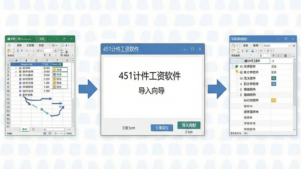 一张展示数据批量导入过程的示意图,画面中央是“451计件工资软件”的导入向导窗口,左侧是Excel表格缩略图,右侧是软件字段映射列表,中间有箭头连接,布局为左右对比结构,风格为扁平化办公插画,细节包括表格行、箭头流向、软件按钮,画质清晰,干净,无多余元素。