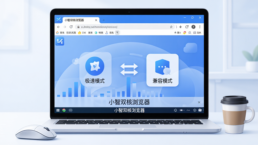 画面主体为一台打开的笔记本电脑,屏幕中央显示“小智双核浏览器”的软件界面,界面左侧是极速模式图标,右侧是兼容模式图标,两者之间用双向箭头连接。布局采用居中构图,电脑前方放置一个简约的鼠标和一杯咖啡。排版为横版宽屏比例,风格为干净现代的科技感插画,细节包括浏览器窗口的标签页、地址栏、书签栏等元素清晰可见,屏幕下方有“小智双核浏览器”字样。画质为高清2K,干净无多余元素,整体色调以蓝白为主,光线柔和。