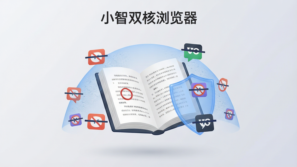 画面主体为一本翻开的电子书悬浮在空中,书页上显示着干净的排版文字,书本周围漂浮着被拦截的广告图标,这些图标被一个半透明的蓝色防护罩挡在外面。布局为居中构图,背景是柔和的浅灰色渐变。排版为竖版海报比例,风格为简约扁平化插画,细节包括防护罩上的网格纹理、广告图标上的禁止符号、书本边缘的柔和阴影。画质为高清2K,干净无多余元素,画面顶部有“小智双核浏览器”文字。