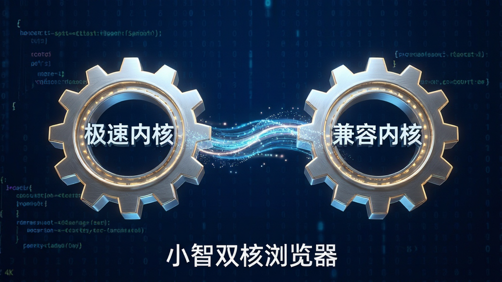 画面主体为两个发光的立体齿轮图标并排悬浮,左侧齿轮上标注“极速内核”字样,右侧齿轮上标注“兼容内核”字样,两个齿轮之间有一条流动的数据光带相连。布局为左右对称,背景是深蓝色的数字矩阵。排版为正方形构图,风格为科技感3D渲染,细节包括齿轮表面的金属纹理、光带的粒子效果、背景中若隐若现的代码片段。画质为4K超高清,干净无多余元素,画面中央下方有“小智双核浏览器”文字标识。