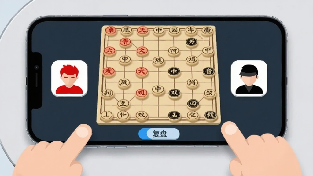一部手机平放在桌面上,屏幕显示中国象棋双人对战界面,棋盘两侧分别有红方和黑方的头像图标,屏幕下方有复盘按钮,画面中有两个卡通人物手指向手机屏幕,背景为浅灰色桌面,风格简洁明快,画质干净清晰,无多余元素,画面中不出现文字