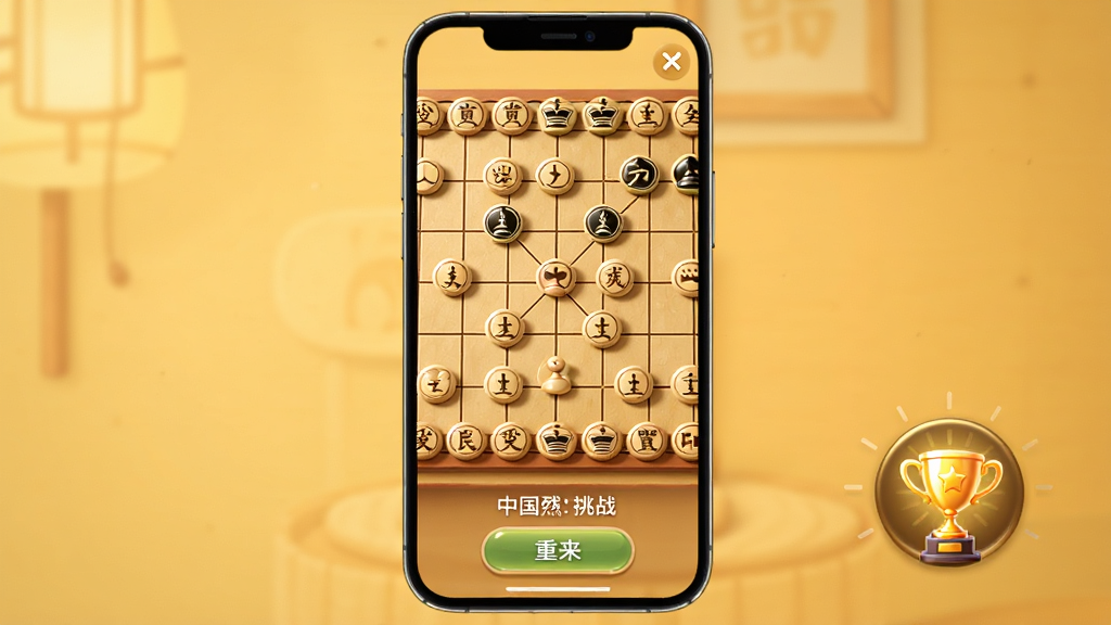 一部手机竖屏显示中国象棋残局挑战界面,棋盘上棋子不多但位置精妙,屏幕下方有提示和重来按钮,画面角落有一个发光的奖杯图标,背景为暖黄色调,风格温馨舒适,画质细腻干净,主体清晰,无杂乱元素