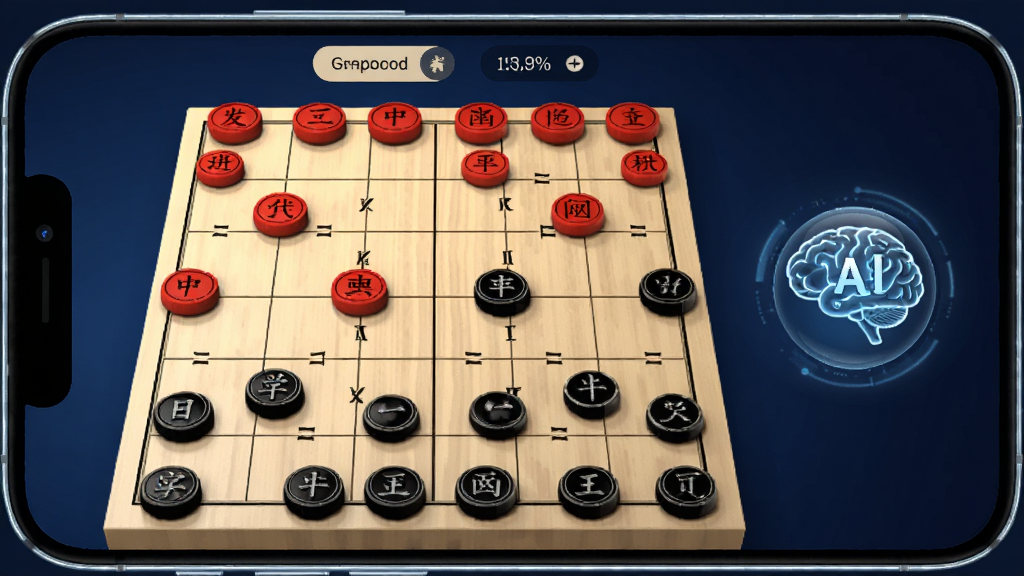 一部手机横屏展示中国象棋对局界面,棋盘上红黑双方棋子排列整齐,屏幕上方显示难度选择按钮,画面右侧有一个发光的AI大脑图标,象征人工智能思考,背景为深蓝色渐变,风格科技感十足,画质清晰干净,主体突出,无多余装饰元素