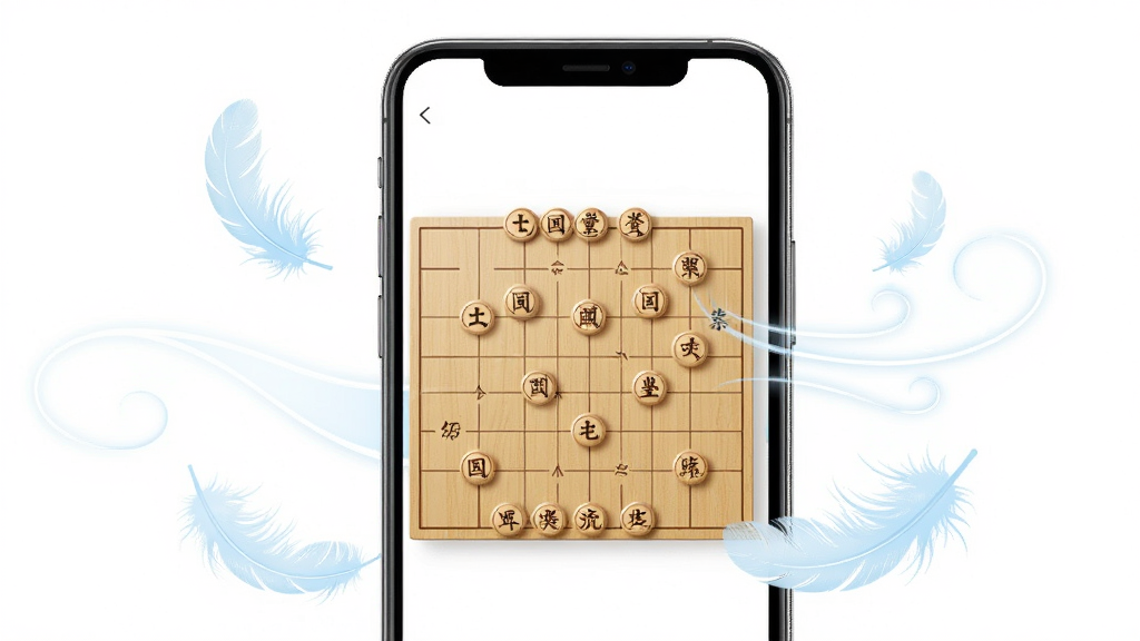 一部手机展示中国象棋对局界面,屏幕干净无任何广告弹窗,手机周围有轻盈的羽毛和微风线条装饰,象征轻量流畅,背景为纯白色,风格极简清新,画质干净利落,主体突出,无多余元素