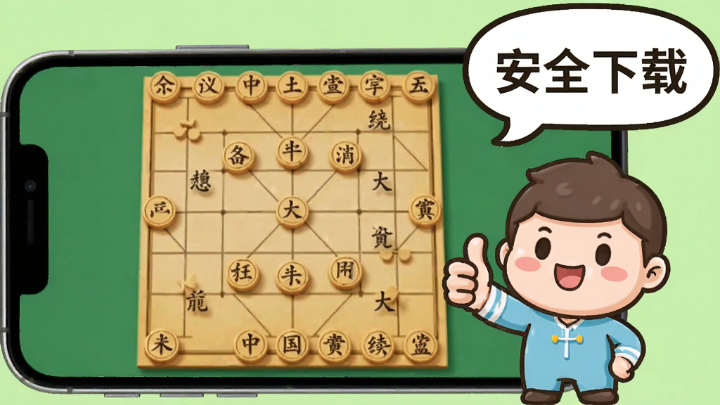 一部手机展示中国象棋对局界面,屏幕旁边有一个卡通人物竖起大拇指点赞,背景为浅绿色,画面中有“安全下载”四个字以气泡形式呈现,风格活泼可爱,画质清晰干净,主体突出,无多余元素
