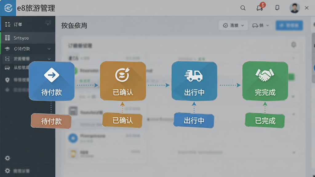 订单跟踪流程图,画面以e8旅游管理软件为背景,展示订单从创建到完成的各个状态节点,包含待付款、已确认、出行中、已完成等标签,风格为扁平化信息图表,细节有连接线和状态图标,画质高清,干净,无多余元素