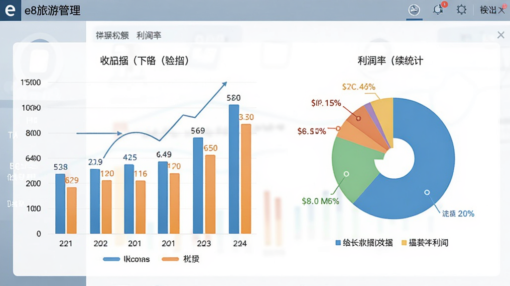 财务报表统计图,画面以e8旅游管理软件为背景,展示柱状图和饼图形式的收入和利润统计,风格为简洁的数据可视化界面,细节有数据标签和图例,画质高清,干净,无多余元素