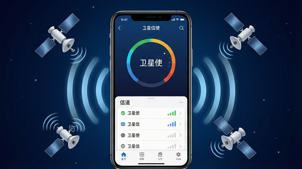 卫星信使手机应用主界面展示,画面中央是一部竖屏智能手机,屏幕内显示卫星信号强度环形图与信道列表,手机周围环绕三颗通信卫星和淡蓝色信号波纹,背景为深空蓝渐变,布局居中对称,风格科技简洁,细节包含信号格、状态文字“卫星信使”、底部导航栏,画质高清,干净,无多余元素